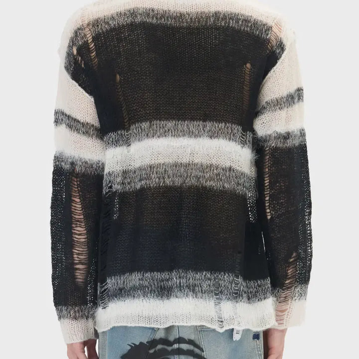 [BUNJANG] Hysteric Glamour Skull Applique Striped Sweater White / 히스테릭 글래머 스컬 아플리케 크러쉬드 스트라이프 스웨터 화이트