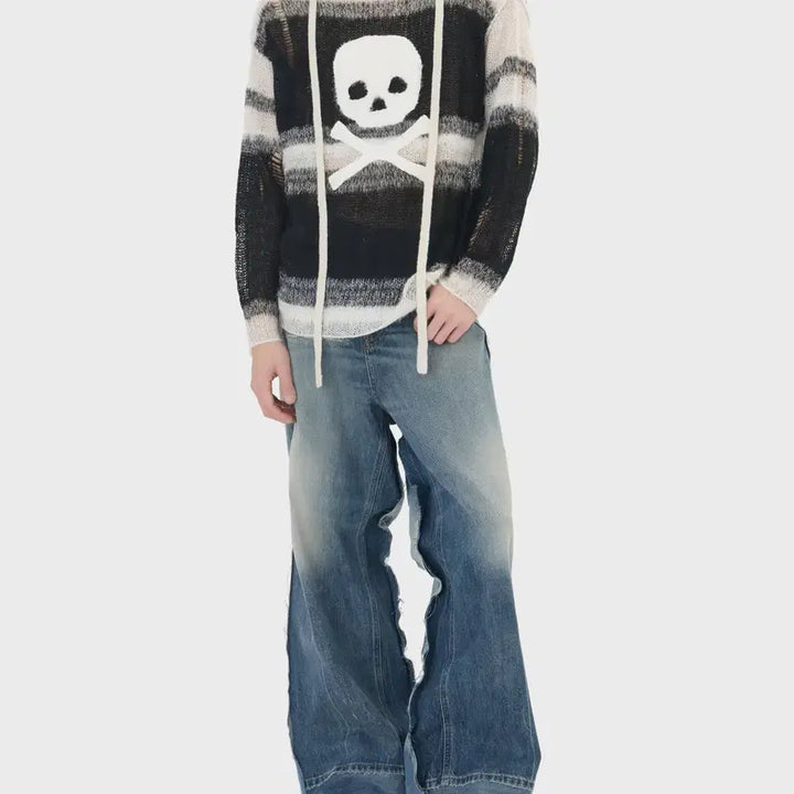 [BUNJANG] Hysteric Glamour Skull Applique Striped Sweater White / 히스테릭 글래머 스컬 아플리케 크러쉬드 스트라이프 스웨터 화이트