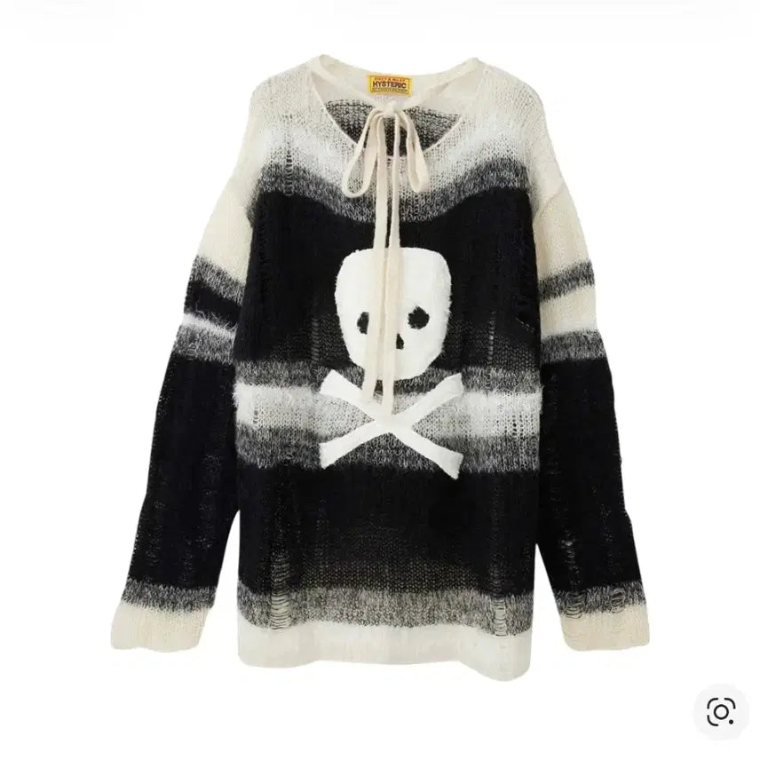 [BUNJANG] Hysteric Glamour Skull Applique Striped Sweater White / 히스테릭 글래머 스컬 아플리케 크러쉬드 스트라이프 스웨터 화이트