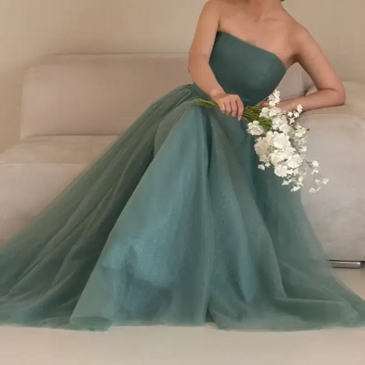 [BUNJANG] Mint Green Tulle Off-Shoulder Dress / 민트색 튤 소재 튜브탑 오프숄더 변형 가능 유색드레스