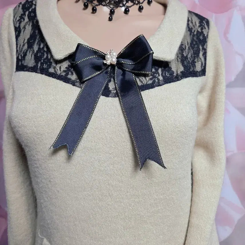 [BUNJANG] MAJESTIC LEGON Lace Ribbon Knit Dress / MAJESTIC LEGON 레이스 리본 니트 원피스