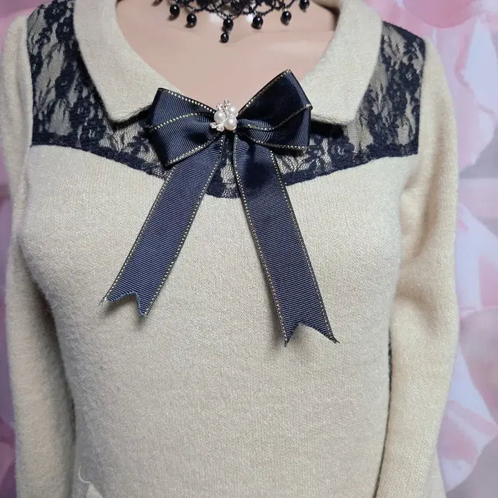 [BUNJANG] MAJESTIC LEGON Lace Ribbon Knit Dress / MAJESTIC LEGON 레이스 리본 니트 원피스