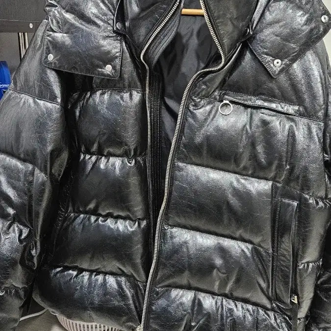 [BUNJANG] Solid Homme Black Leather Padded Jacket / 솔리드옴므 블랙 레더 패딩 점퍼 리얼레더