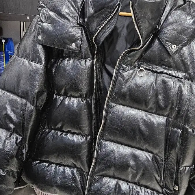 [BUNJANG] Solid Homme Black Leather Padded Jacket / 솔리드옴므 블랙 레더 패딩 점퍼 리얼레더