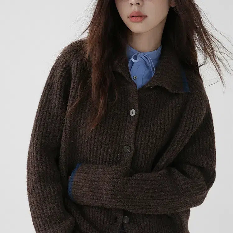 [BUNJANG] Wool Knit Cardigan / 카라배색 울 니트가디건 빈티지룩 겨울가디건