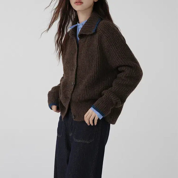 [BUNJANG] Wool Knit Cardigan / 카라배색 울 니트가디건 빈티지룩 겨울가디건