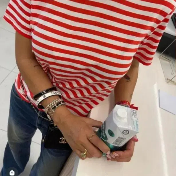 [BUNJANG] Buruhaha Red White Striped Short Sleeve T-shirt / 부루하하 레드 화이트 스트라이프 반팔 티셔츠