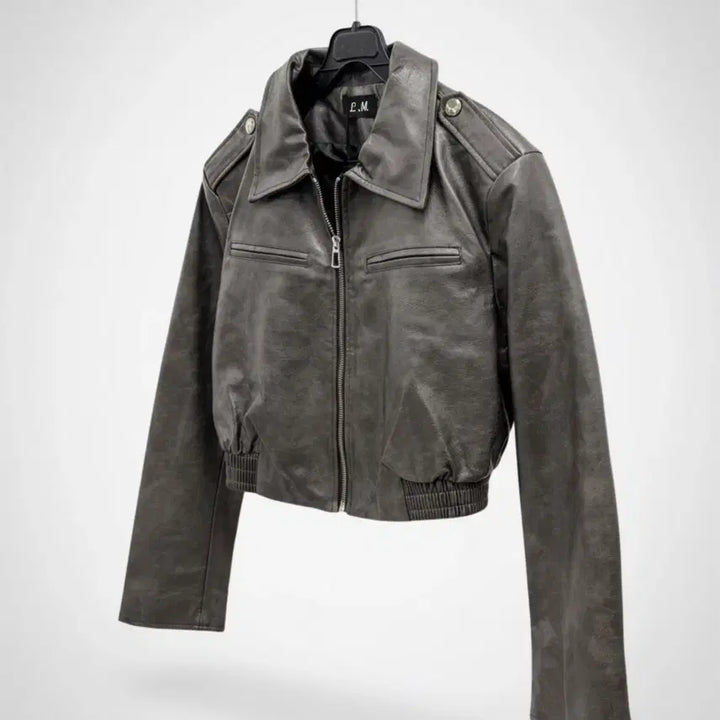 [BUNJANG] Imported Faux Leather Women's Blue Blouson Jacket / 여성M/ 텍새옷 수입 인조가죽 블루종 레더자켓