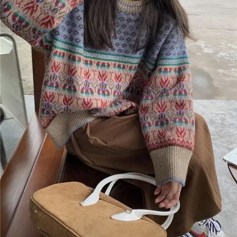 [BUNJANG] Jacquard Pattern Loose Fit Sweater / 여성 자가드 패턴 니트 / 빈티지 감성 루즈핏 / 데일리 포인트 스웨터