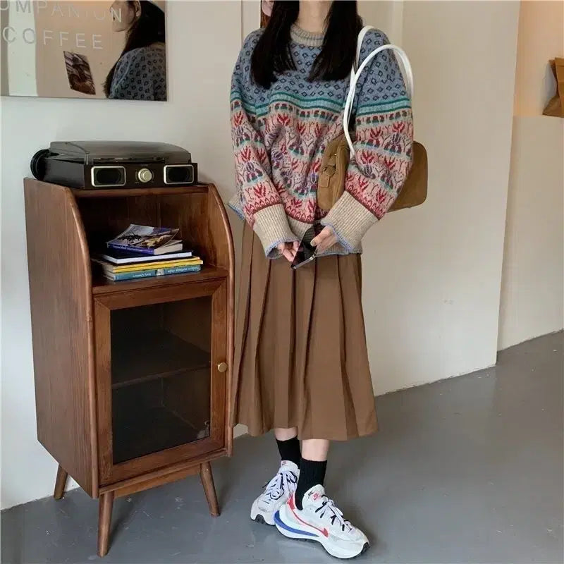 [BUNJANG] Jacquard Pattern Loose Fit Sweater / 여성 자가드 패턴 니트 / 빈티지 감성 루즈핏 / 데일리 포인트 스웨터