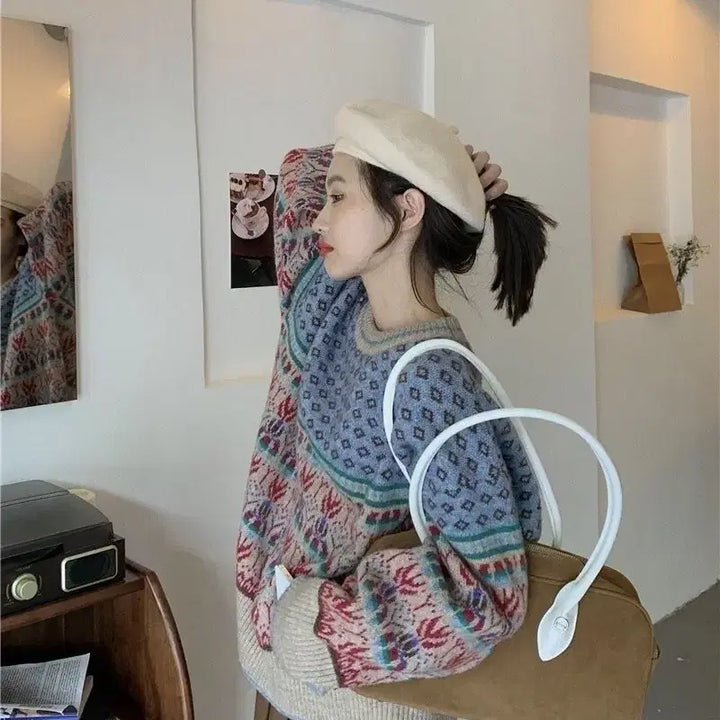 [BUNJANG] Jacquard Pattern Loose Fit Sweater / 여성 자가드 패턴 니트 / 빈티지 감성 루즈핏 / 데일리 포인트 스웨터