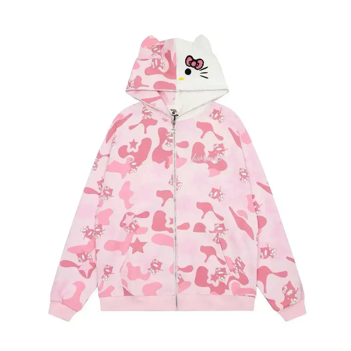 [BUNJANG] Hello Kitty Camo Hoodie Zip-up (Size M) / 헬로키티 카모 후드집업 M / 미착용 하자상품