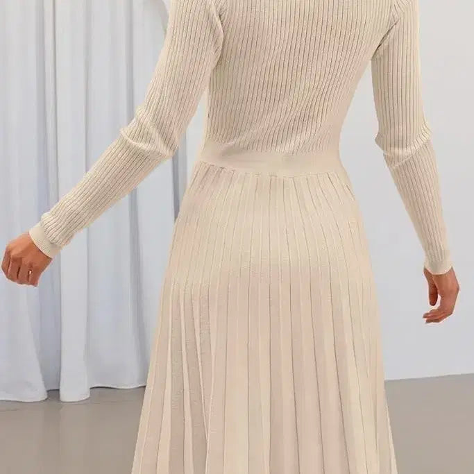 [BUNJANG] Knit Pleated Midi Dress Ivory / 니트 플리츠 롱 원피스 아이보리