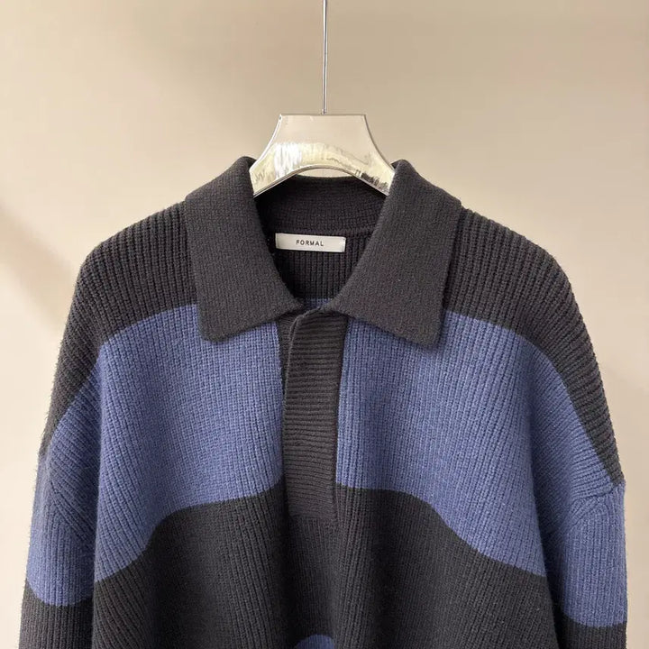 [BUNJANG] Oversized Color Block Long Knit Sweater / [원가이하세일] 오버핏 배색 카라 롱 니트 (T4919)