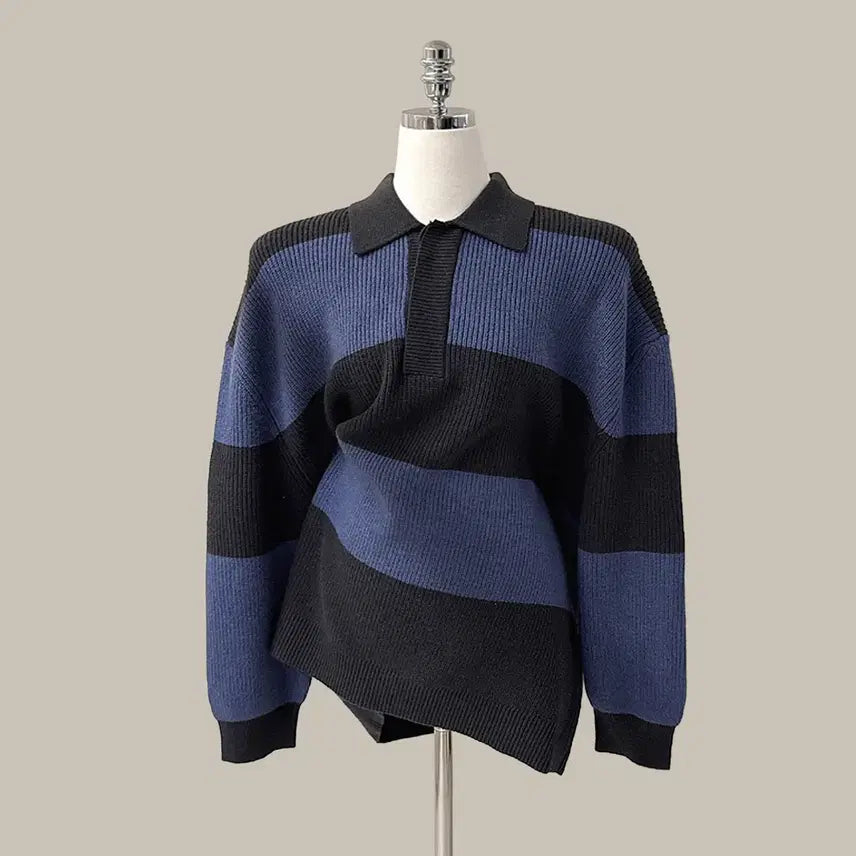 [BUNJANG] Oversized Color Block Long Knit Sweater / [원가이하세일] 오버핏 배색 카라 롱 니트 (T4919)