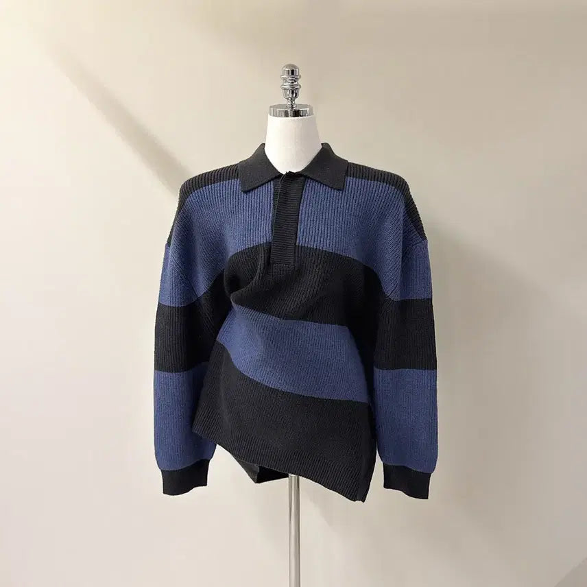[BUNJANG] Oversized Color Block Long Knit Sweater / [원가이하세일] 오버핏 배색 카라 롱 니트 (T4919)