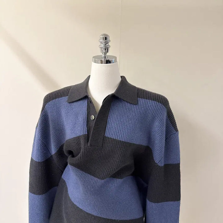 [BUNJANG] Oversized Color Block Long Knit Sweater / [원가이하세일] 오버핏 배색 카라 롱 니트 (T4919)