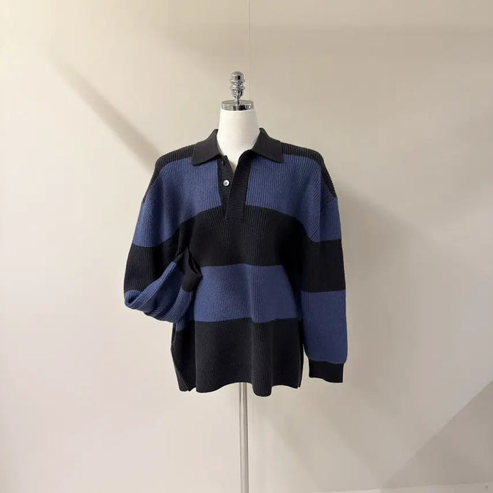 [BUNJANG] Oversized Color Block Long Knit Sweater / [원가이하세일] 오버핏 배색 카라 롱 니트 (T4919)