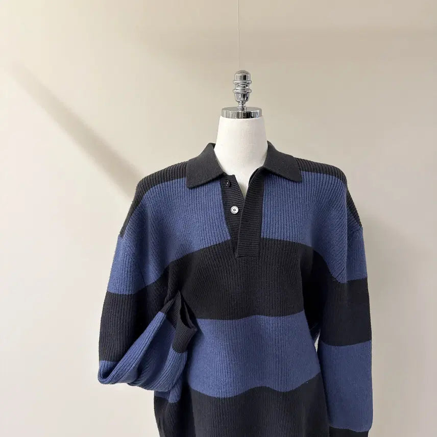 [BUNJANG] Oversized Color Block Long Knit Sweater / [원가이하세일] 오버핏 배색 카라 롱 니트 (T4919)