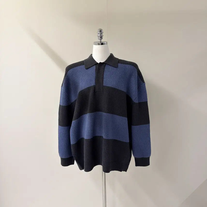[BUNJANG] Oversized Color Block Long Knit Sweater / [원가이하세일] 오버핏 배색 카라 롱 니트 (T4919)