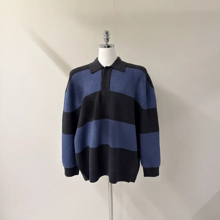[BUNJANG] Oversized Color Block Long Knit Sweater / [원가이하세일] 오버핏 배색 카라 롱 니트 (T4919)