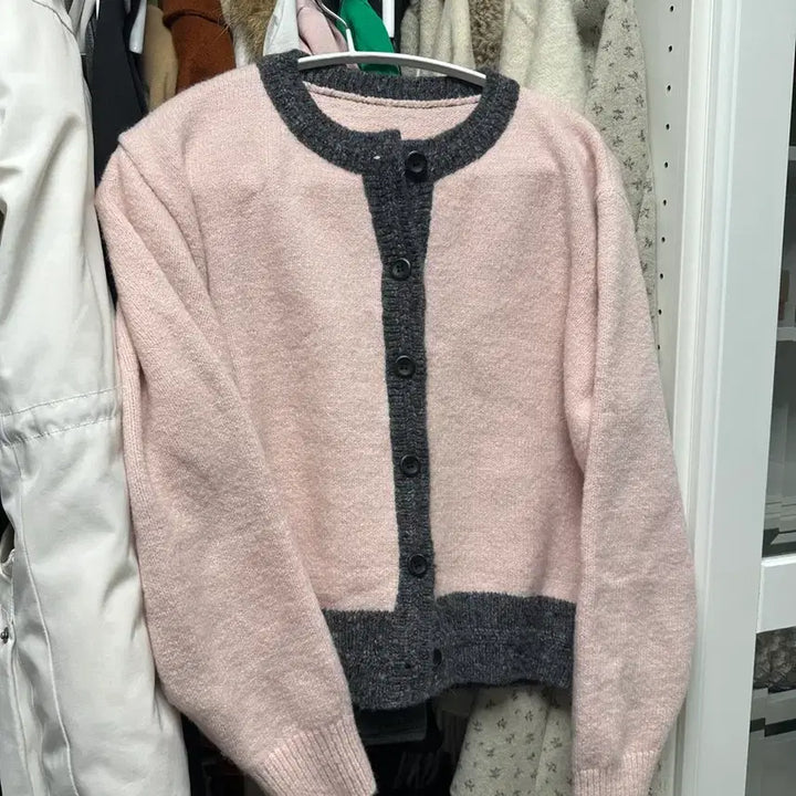 [BUNJANG] Pink Gray Cardigan / 핑크 그레이 배색 가디건 에이블리