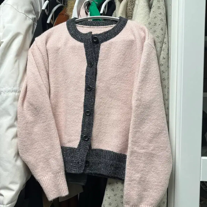 [BUNJANG] Pink Gray Cardigan / 핑크 그레이 배색 가디건 에이블리