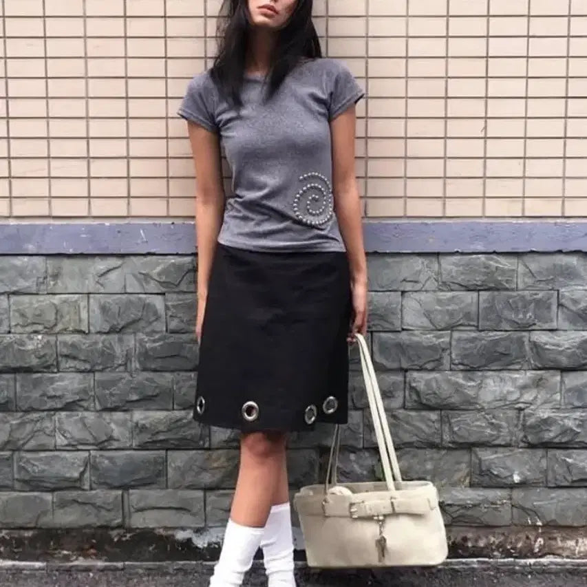 [BUNJANG] Blackup Eyelet Midi Skirt / 블랙업 아일렛 미디 스커트