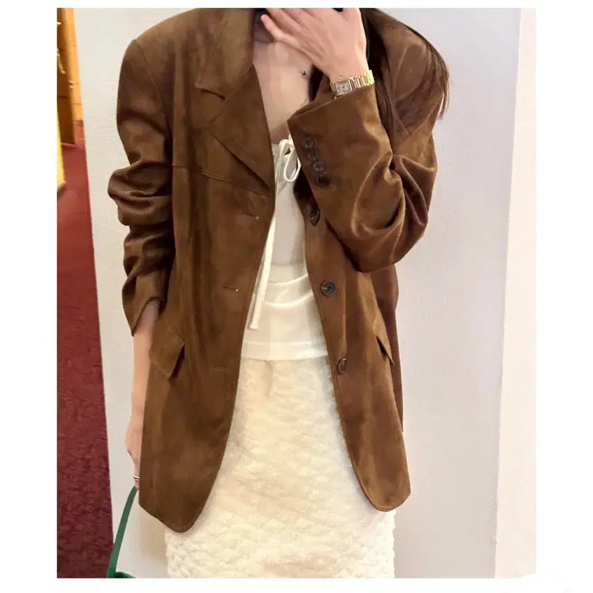 [BUNJANG] Raduna Bicycni Brown Suede Jacket / 스웨이드 브라운 자켓라두나 바이씨니 하나언니 강자매리본타이황언니드오브