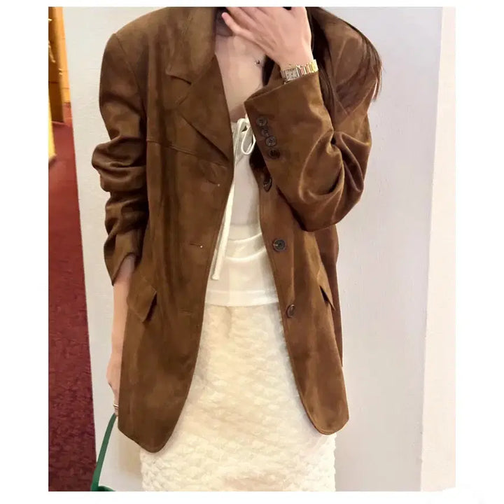 [BUNJANG] Raduna Bicycni Brown Suede Jacket / 스웨이드 브라운 자켓라두나 바이씨니 하나언니 강자매리본타이황언니드오브