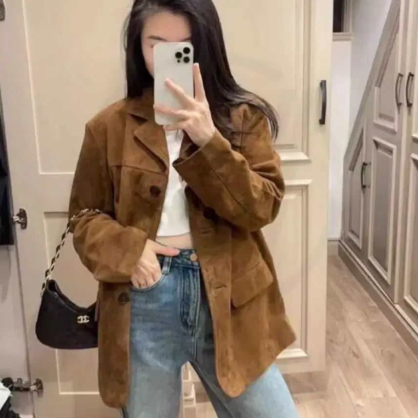 [BUNJANG] Raduna Bicycni Brown Suede Jacket / 스웨이드 브라운 자켓라두나 바이씨니 하나언니 강자매리본타이황언니드오브