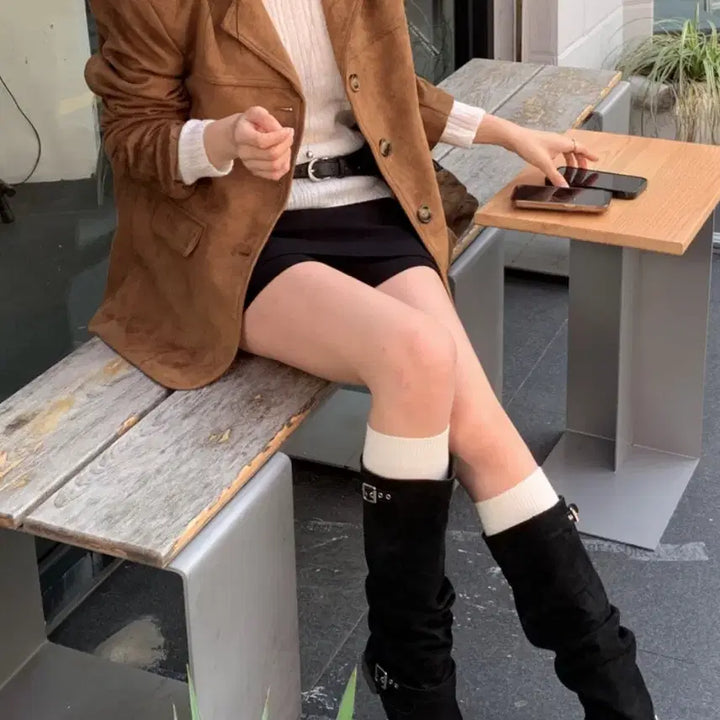[BUNJANG] Raduna Bicycni Brown Suede Jacket / 스웨이드 브라운 자켓라두나 바이씨니 하나언니 강자매리본타이황언니드오브