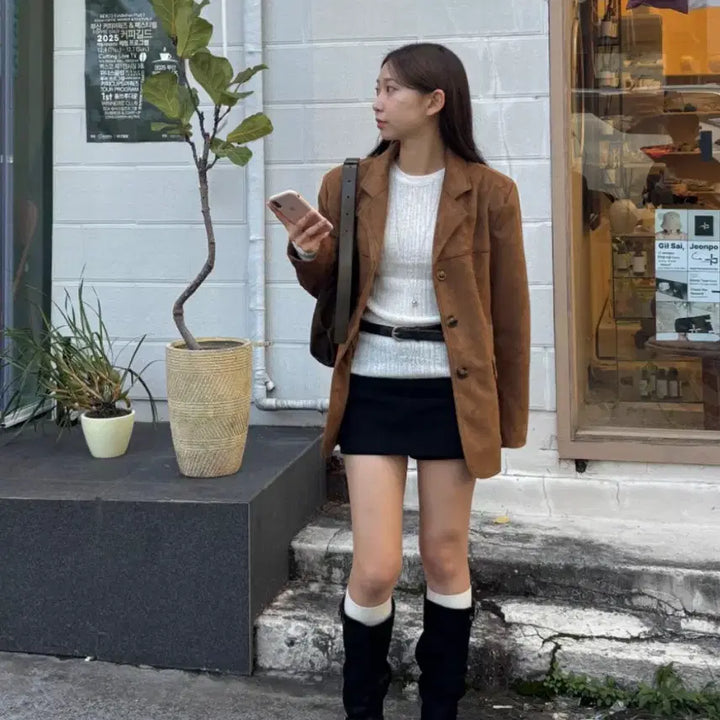 [BUNJANG] Raduna Bicycni Brown Suede Jacket / 스웨이드 브라운 자켓라두나 바이씨니 하나언니 강자매리본타이황언니드오브