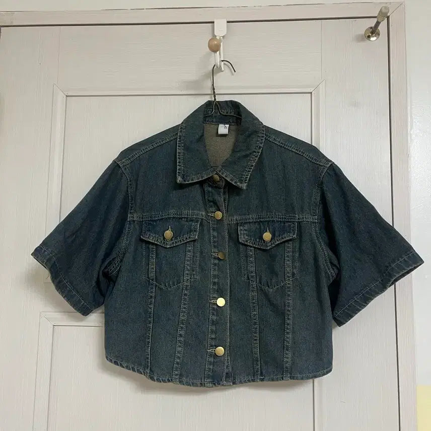 [BUNJANG] Cropped Short Sleeve Washed Denim Jacket / 크롭 반팔 워싱 데님 셔츠 청자켓