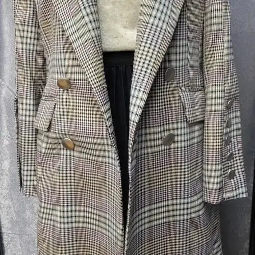 [BUNJANG] Double-Breasted Check Long Coat / 체크 더블 버튼 롱 코트