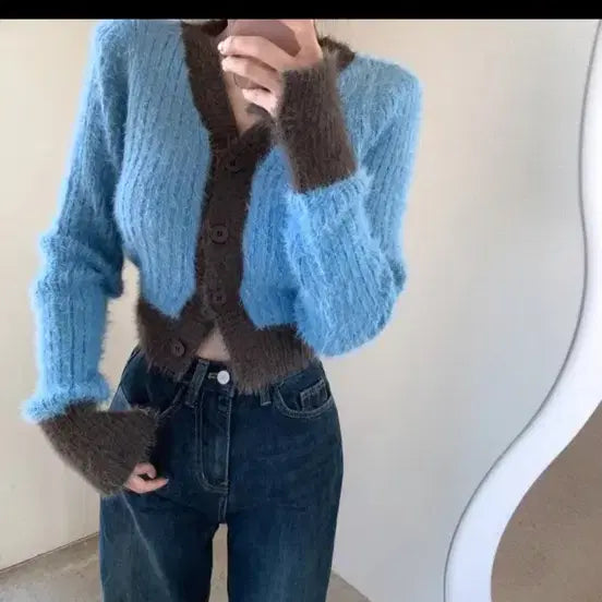 [BUNJANG] Color Block Fur Knit Cardigan / 배색 퍼 니트 가디건 하늘색