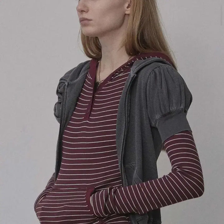 [BUNJANG] Sculptor Stripe Hoodie Tee Burgundy (L) / 스컬프터 Stripe Hoodie Tee Burgundy (L)