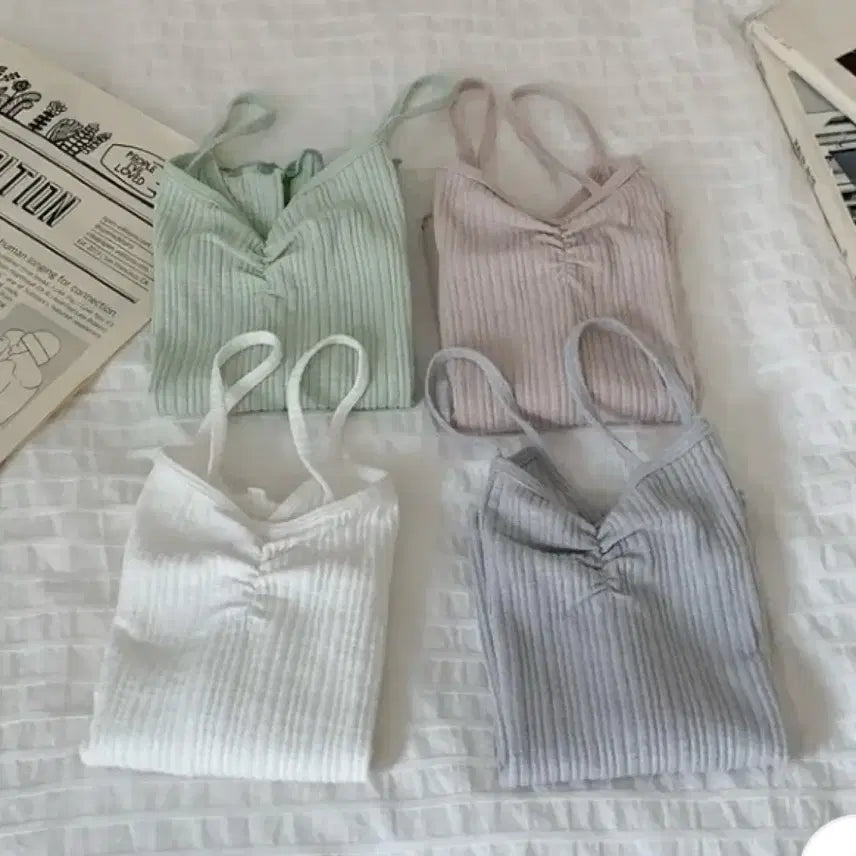 [BUNJANG] Mori Ivory Mute Pink Shirring Sleeveless Top / 새상품 ) 아이보리 뮤트핑크 셔링 슬리브리스 / 나시 이너탑 모리 화이트