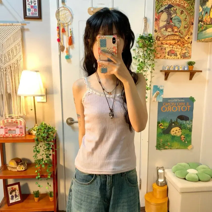 [BUNJANG] Magie Jelly Lace Sleeveless Top / 마지 젤리 밴딩 레이스 슬리브 핑크