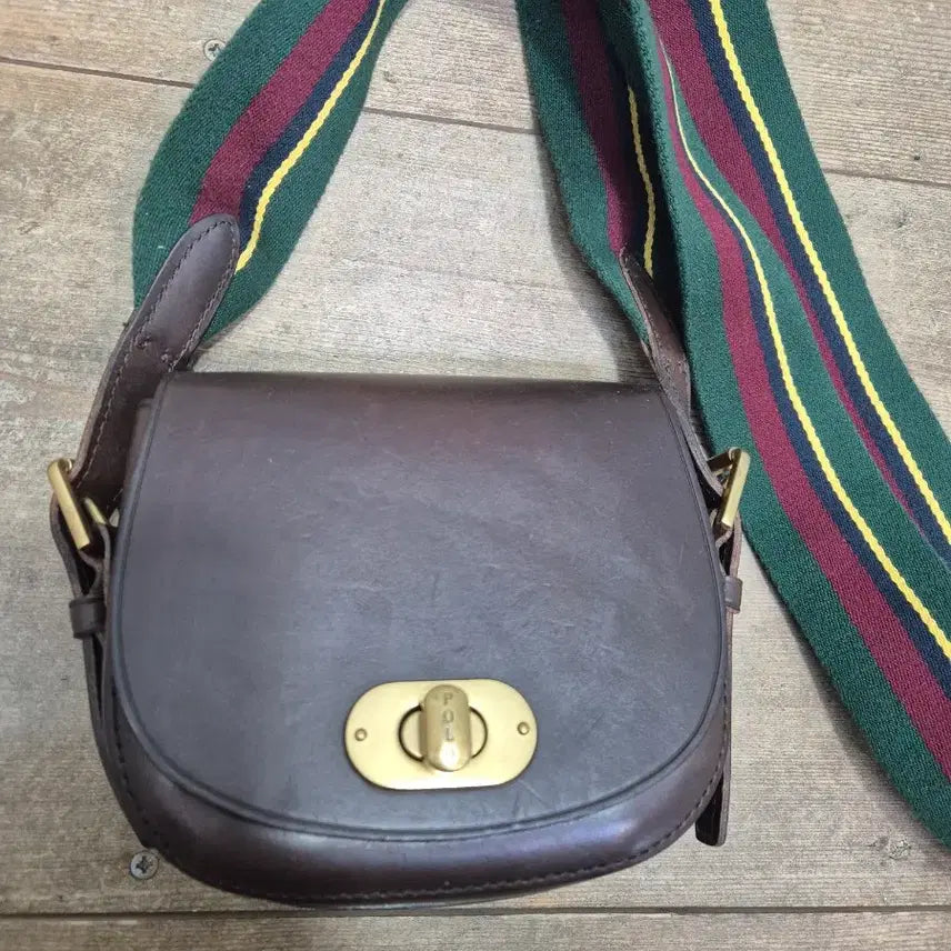 [BUNJANG] Polo Ralph Lauren Brown Leather Crossbody Bag / 폴로 브라운 가죽 크로스백 스트라이프 스트랩
