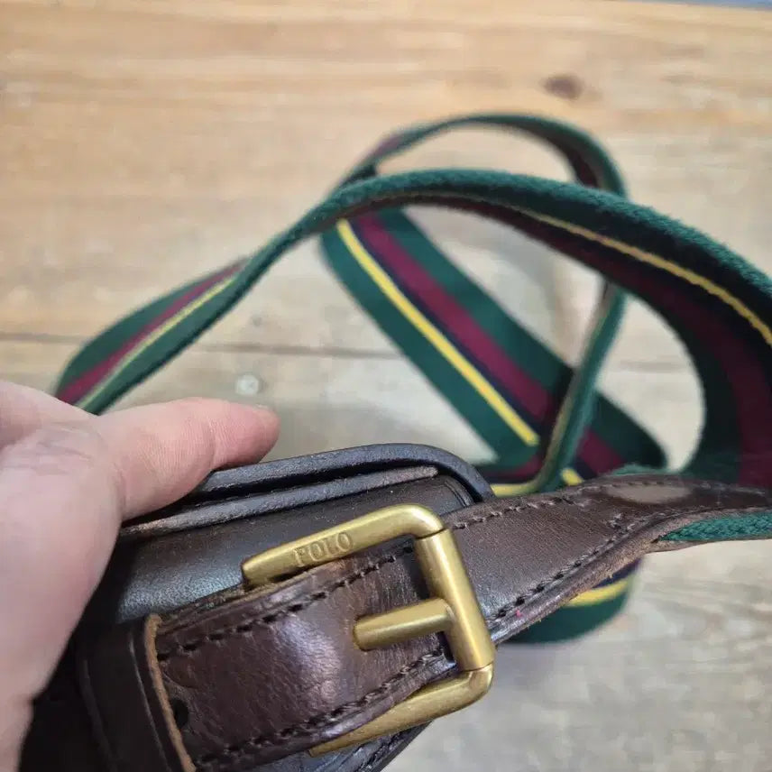 [BUNJANG] Polo Ralph Lauren Brown Leather Crossbody Bag / 폴로 브라운 가죽 크로스백 스트라이프 스트랩