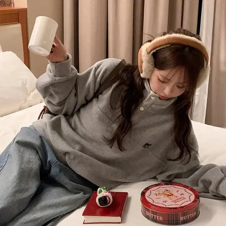 [BUNJANG] Studz Fleece Anorak Sweatshirt Gray / 스터즈 후리스 뽀글이 아노락 맨투맨 그레이