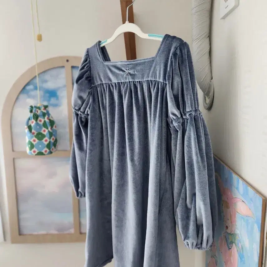 [BUNJANG] Runelre Velvet Long Dress Sky Blue Puff Sleeve / 루넬르 벨벳 롱 원피스 하늘색 퍼프소매