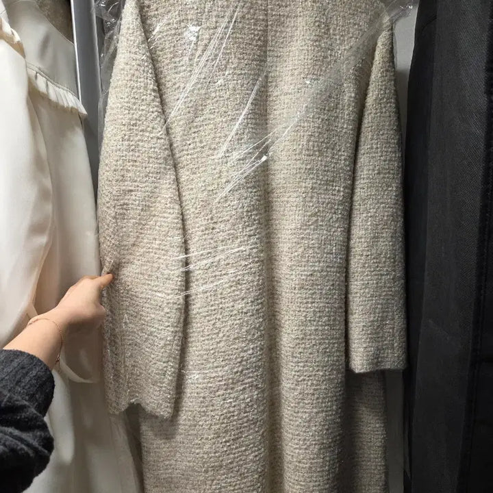 [BUNJANG] SYSTEM Beige Tweed Long Jacket / 한섬 SYSTEM 시스템 베이지 트위드 롱 자켓