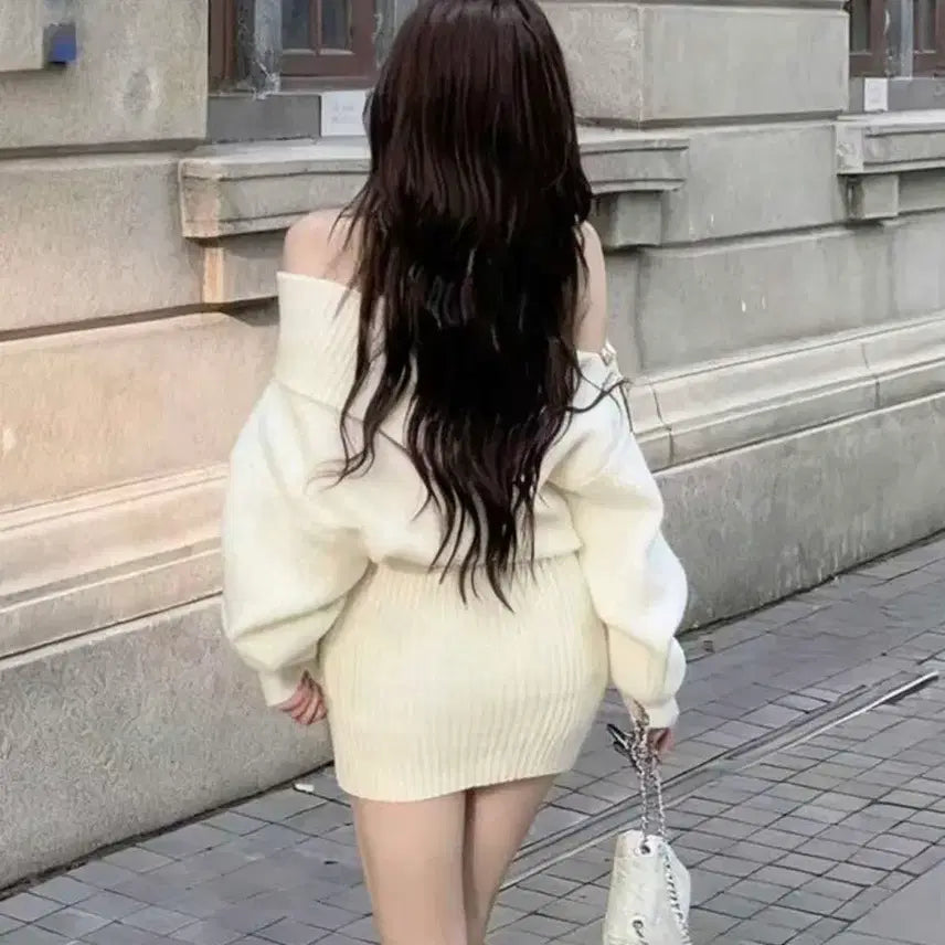 [BUNJANG] Ivory Off-Shoulder Knit Mini Dress / 아이보리 오프숄더 니트 미니 원피스
