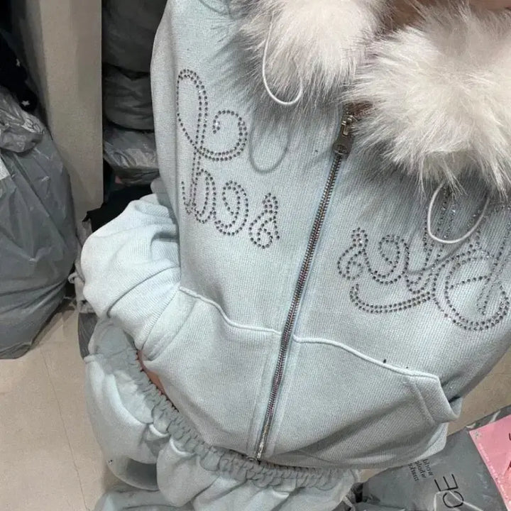 [BUNJANG] Hooded Crop Zip-up & Wide Pants Set / 키키 후드퍼 크롭집업 와이드팬츠(새상품)