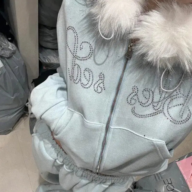 [BUNJANG] Hooded Crop Zip-up & Wide Pants Set / 키키 후드퍼 크롭집업 와이드팬츠(새상품)