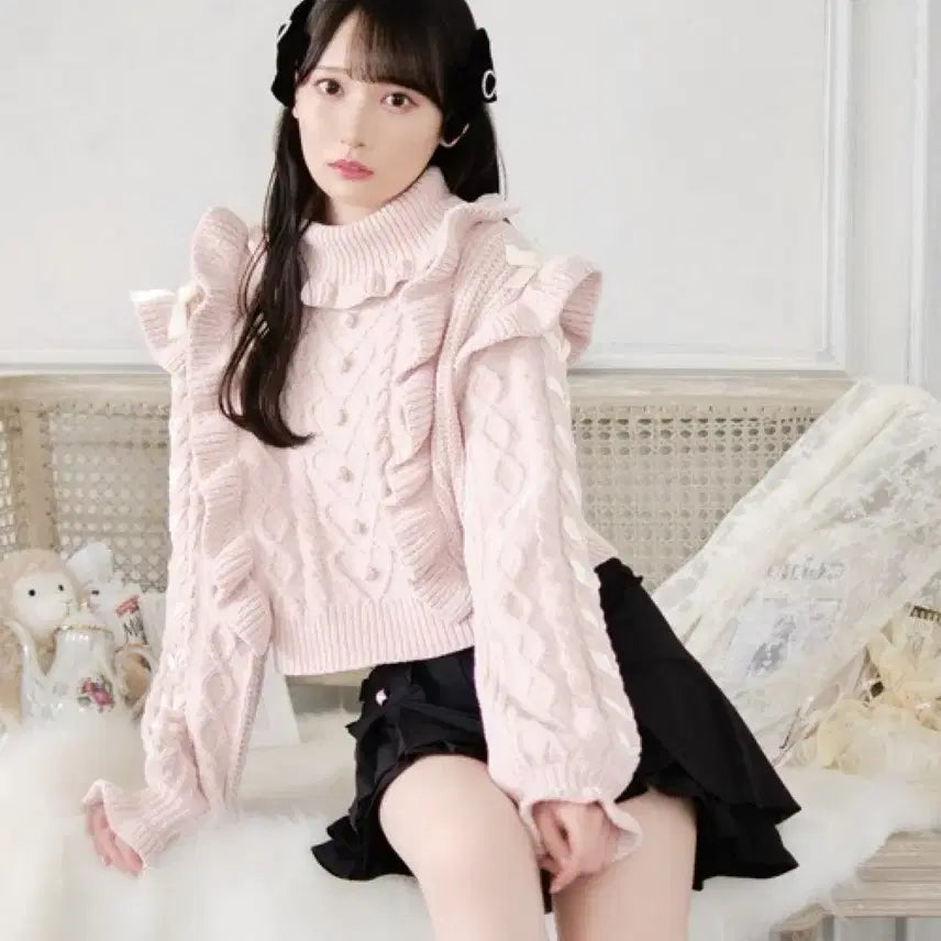 [BUNJANG] Honey Cinnamon Pink Lace-up Knit Top / 허니시나몬 프릴 핑크 레이스업 니트 양산형 지뢰계