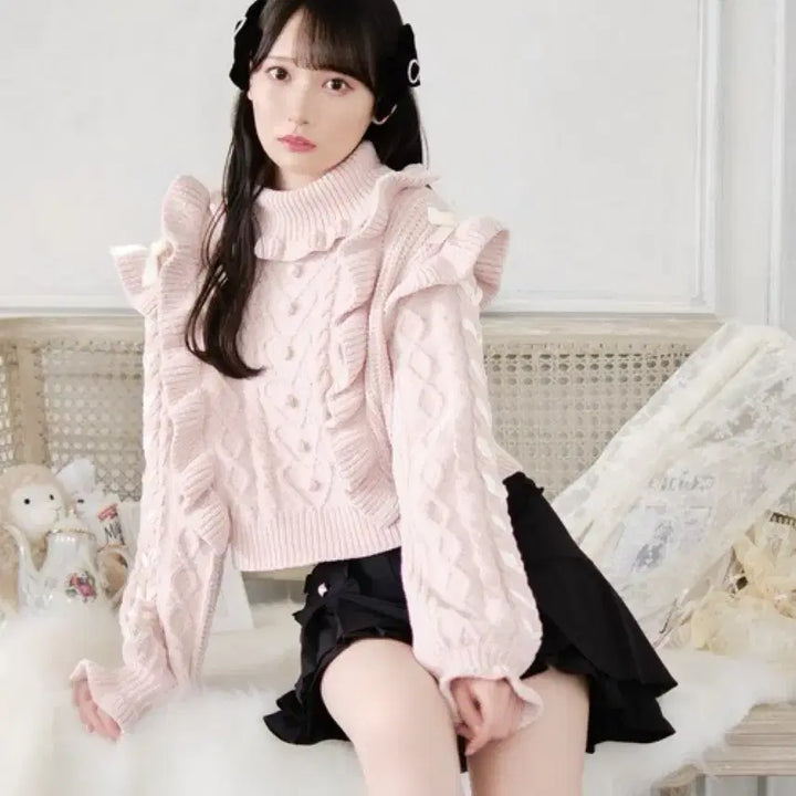 [BUNJANG] Honey Cinnamon Pink Lace-up Knit Top / 허니시나몬 프릴 핑크 레이스업 니트 양산형 지뢰계