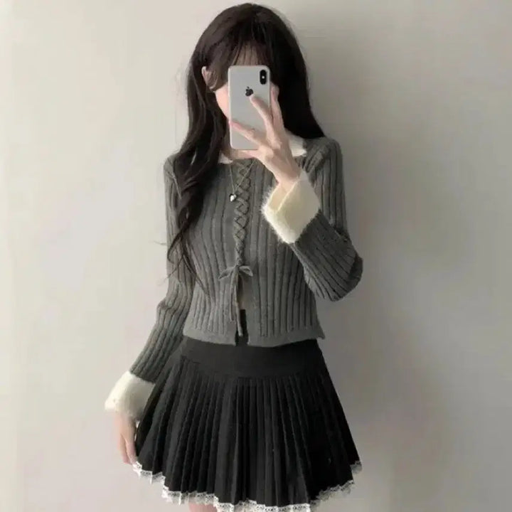 [BUNJANG] SeoKong Angora Pointed Collar Corset Ribbed Knit Top / 에이블리 서콩 퍼 카라 코르셋 골지 니트